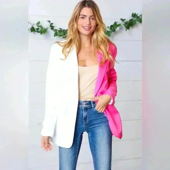 Fuchsia & Cream Silky Half & Half Buttoned Blazer - Picture 1 of 4